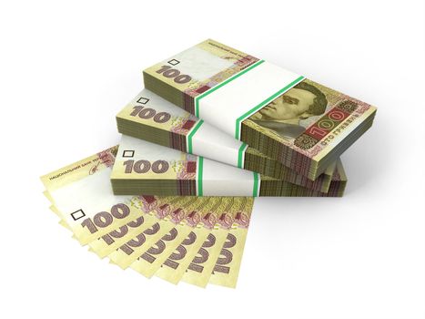 Stacks of banknotes of 100 hrivnyas isolated on white background