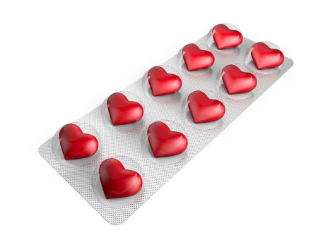 Red heart pills in blister isolated on white