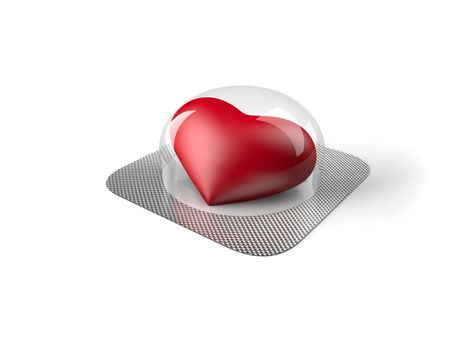 Red heart pill in blister isolated on white