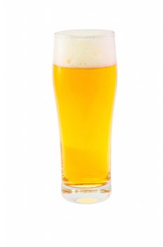 Large glass filled with beer against white background.