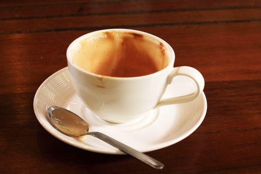 Empty used coffee cup on wooden table