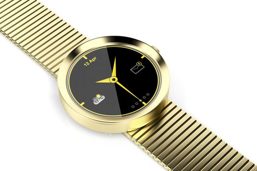 Gold plated smart watch on shiny white background