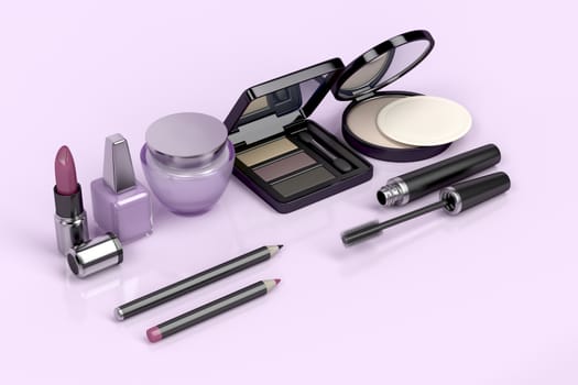 Makeup and cosmetic set on shiny pink background