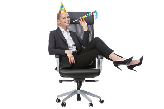 blonde businesswoman smiling and having fun during a party in the office