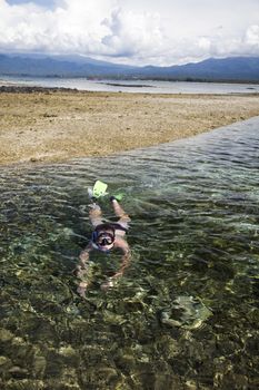 Island woman and diving, bright colorful vivid theme