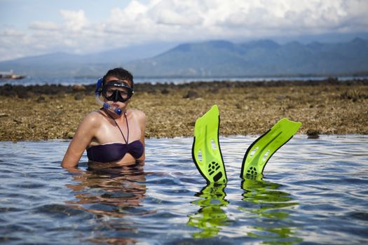 Island woman and diving, bright colorful vivid theme