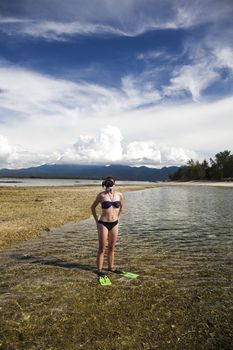 Island woman and diving, bright colorful vivid theme