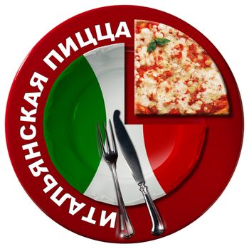 Plate colored with the colors of Italian flag, red under plate with text Italian Pizza in russian language, a slice of pizza and silver cutlery isolated on white background