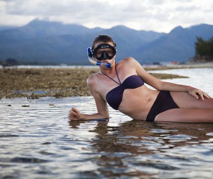 Island woman and diving, bright colorful vivid theme