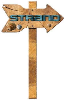 Wooden directional sign with one arrow, with text beach in german language and seashells. Isolated on white background