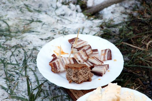 Sliced bacon on plate outside