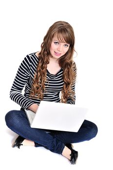 pretty student girl with laptop over the white 