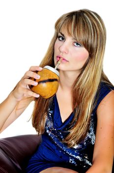 girl drinking mate she using calabash and bombilla 
