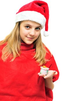 teen santa girl with little present in hand