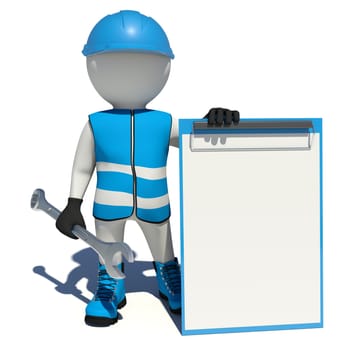 Worker in blue vest, shoes and helmet holding wrench and empty clipboard. Isolated render on white background