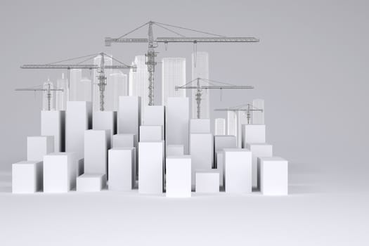 Minimalistic city of white cubes with wire-frame buildings and tower cranes on gray background. Concept of urban construction