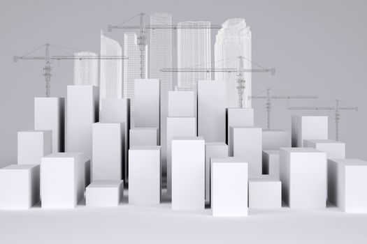 White cubes with wire-frame buildings and tower cranes on gray background. Concept of urban construction