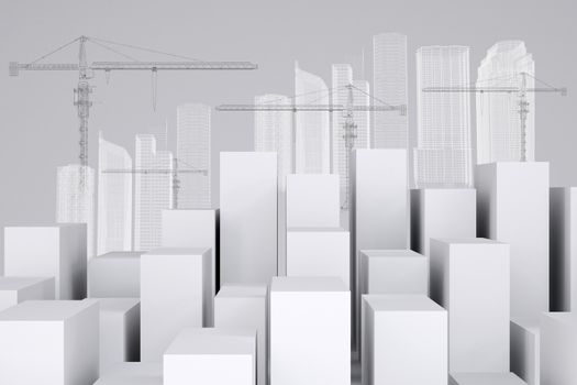 Many white cubes with wire-frame buildings and tower cranes on gray background. Concept of urban construction