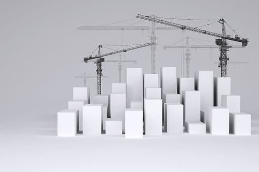 White cubes with tower cranes on gray background. Concept of urban construction