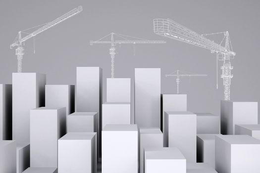 Minimalistic city of white cubes with wire-frame tower cranes on gray background. Cropped image. Concept of urban construction