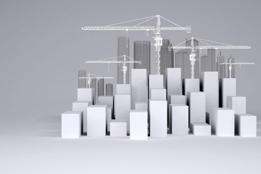 White cubes with wire-frame buildings and tower cranes on gray background. Concept of urban construction