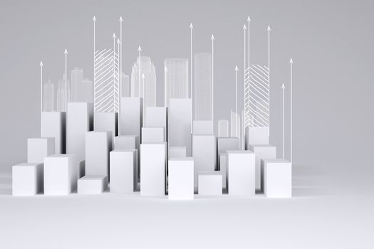 Minimalistic city of white cubes with wire-frame buildings and arrows up on gray background. Concept of urban construction