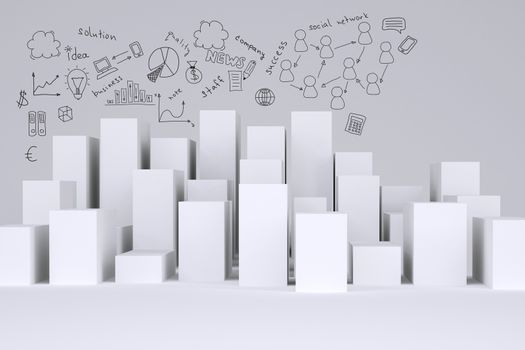 White cubes with business sketches on gray background. Concept of urban construction