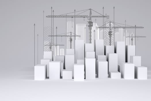 Minimalistic city of white cubes with wire-frame buildings, tower cranes and arrows up on gray background. Concept of urban construction