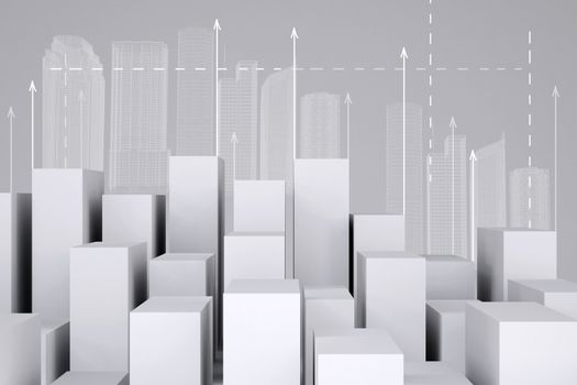 Minimalistic city of white cubes with wire-frame buildings and arrows up on gray background. Cropped image. Concept of urban construction