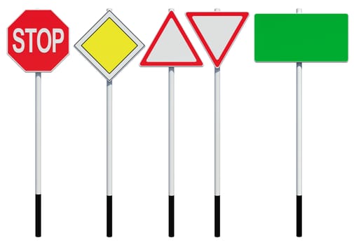 Collection road signs. Front view. Isolated on white background
