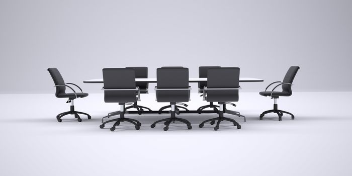 Conference table and black office chairs. Gray gradient background