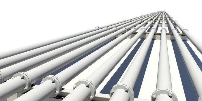 Many industrial pipes stretching into distance. Isolated on white background