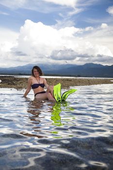 Island woman and diving, bright colorful vivid theme