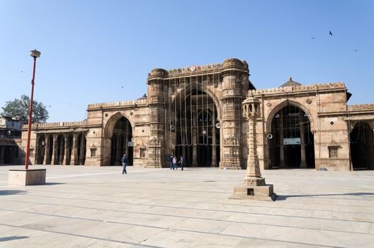 Ahmedabad, India - December 28, 2014: Muslim people at Jama Masjid also known as Jami or Jumma Mosque, is the most splendid mosque of Ahmedabad, built in 1424 during the reign of Ahmed Shah I.