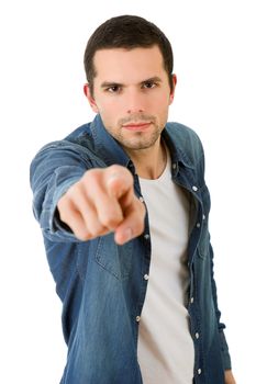 young casual man pointing, isolated on white