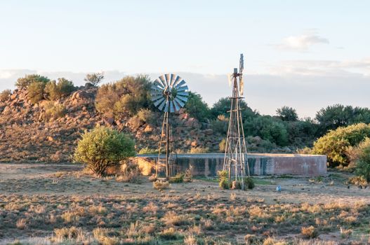 Sunset farm scene between Noupoort and Colesberg in the Northern Cape Province of South Africa