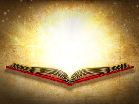 Illustration of opened book shining against the ancient paper background.