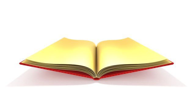 Illustration of opened book with gold pages against white background.