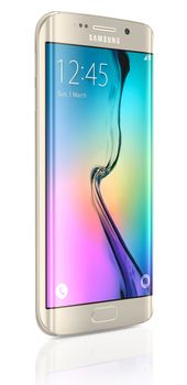 Galati, Romania - March 27, 2015: Samsung Galaxy S6 Edge is the first device with dual-curved glass display. The Samsung Galaxy S6 and Galaxy S6 Edge was launched at a press event in Barcelona on March 1 2015. Galaxy S6 has Quad HD Super AMOLED, 2560x1440, 577 PPI, Lightning-fast 64 bit and Octa-core processor.