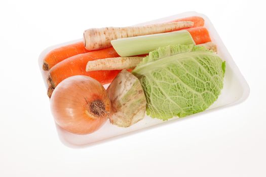 Freshly vegetables in styrofoam packaging tray