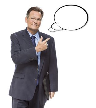 Handsome Businessman Pointing to the Blank Thought Bubble Isolated on a White Background.