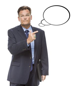 Handsome Businessman Pointing to the Blank Thought Bubble Isolated on a White Background.