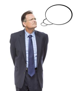 Pensive Businessman Looking Up And Over At Blank Thought Bubble Isolated on a White Background.