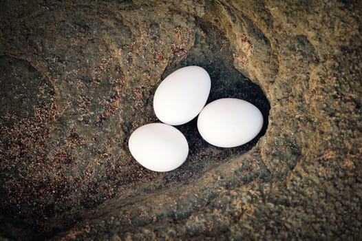 Hen's eggs on the stone surface