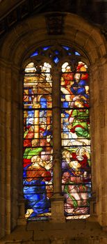 Angels Nobles Stained Glass Salamanca New Cathedral Castile Spain. The New and Old Cathedrals in Salamanca are right next to each other.  New Cathedral was built from 1513 to 1733 and commissioned by Ferdinand V of Castile, Spain.