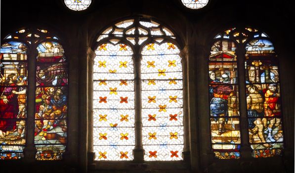 Jesus in Ropes on the Way to Cross Stained Glass Salamanca New Cathedral Castile Spain. The New and Old Cathedrals in Salamanca are right next to each other.  New Cathedral was built from 1513 to 1733 and commissioned by Ferdinand V of Castile, Spain.