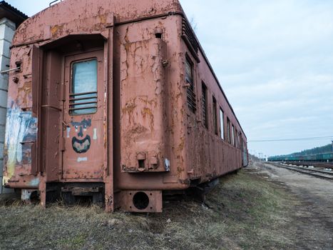 Old rusty train out of order on station