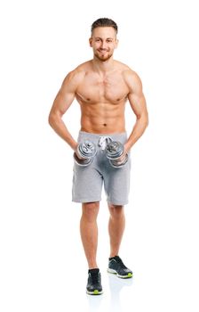 Happy athletic man with dumbbells on the white background