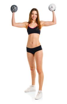 Happy athletic woman with dumbbells doing sport exercise, isolated on white background