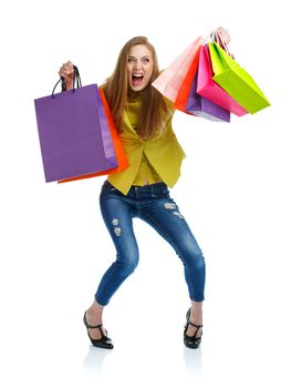 Happy lovely woman with shopping bags over white background